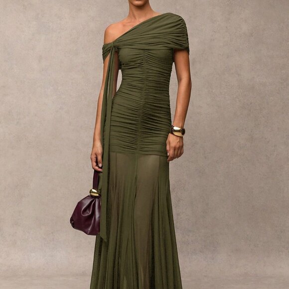 Dresses & Skirts - Army Green Elegant Women's Ruched Asymmetric Dress